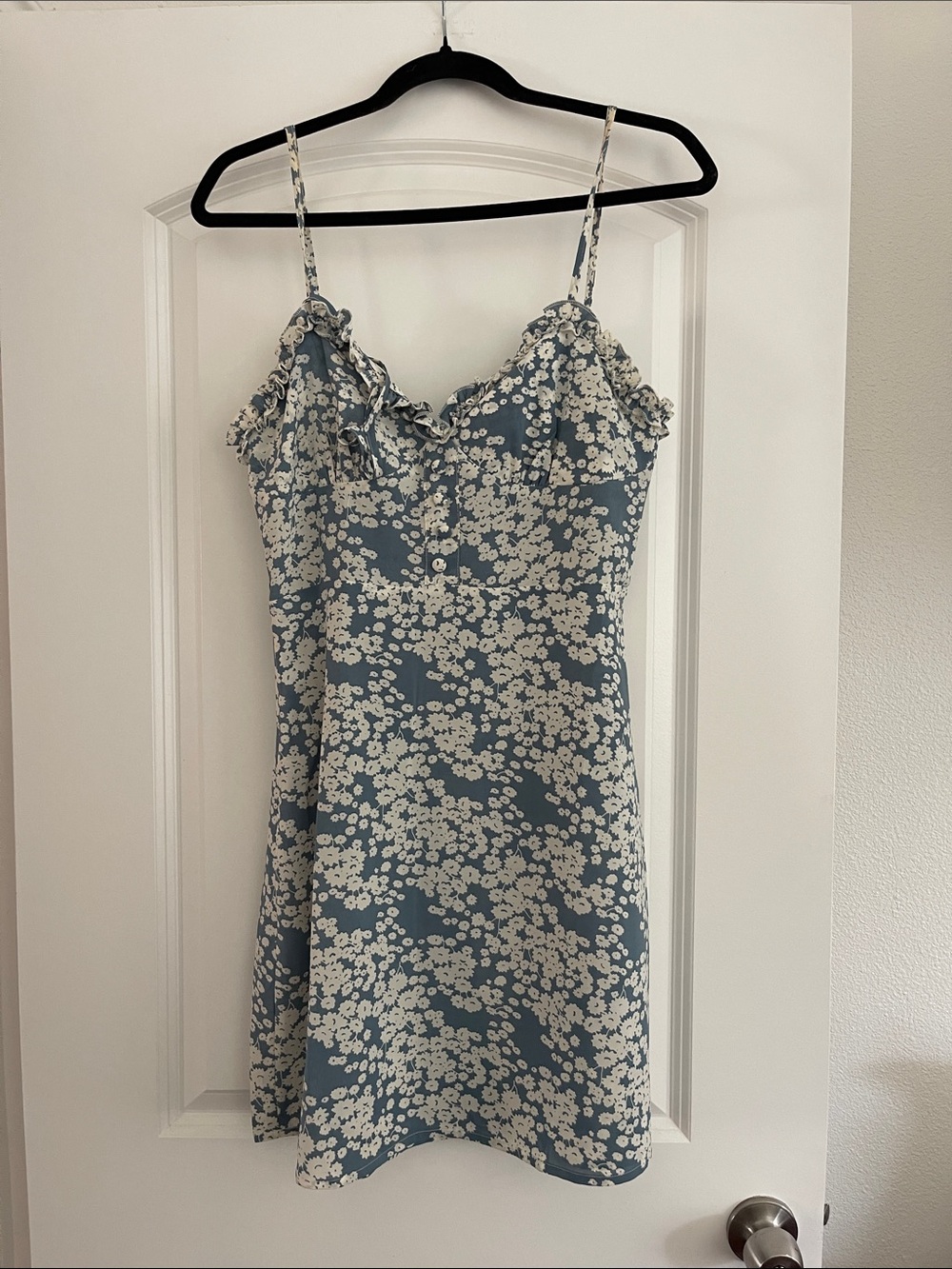 Floral Ruffle Slip Dress in Dusty Blue and White